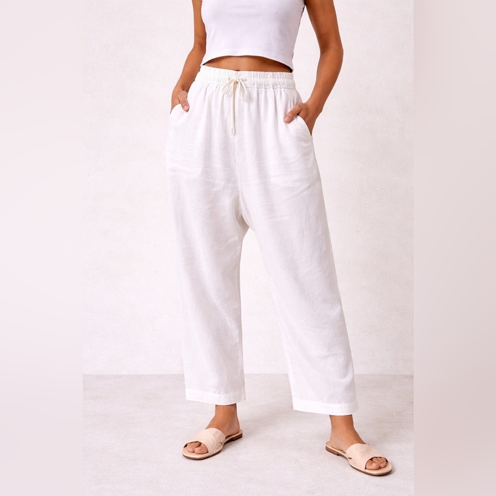 Stillwater White Linen Blend Drop Crotch Wide Leg Pant Medium NWT